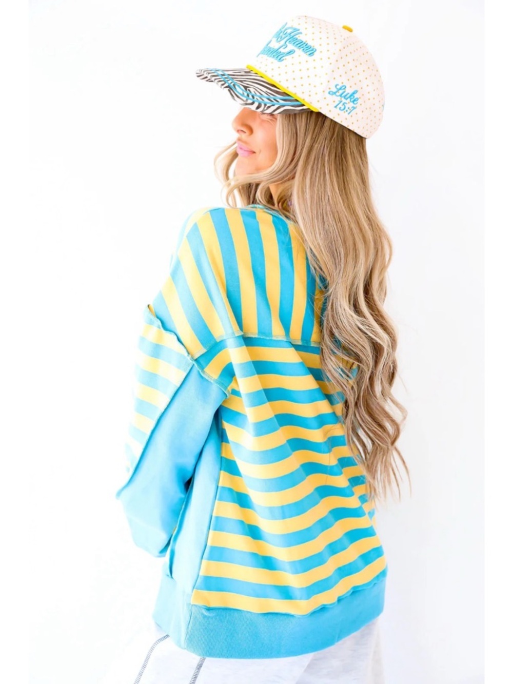 Sz M New’m Oversized Bright Side Blue & Yellow Half Button Striped Pullover NWOT - Picture 6 of 6